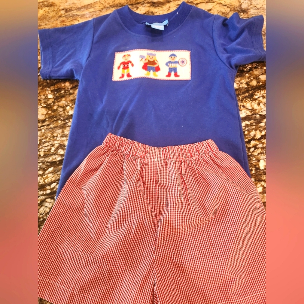 Children's Blue Graphic Tee and Red Checkered Shorts Set